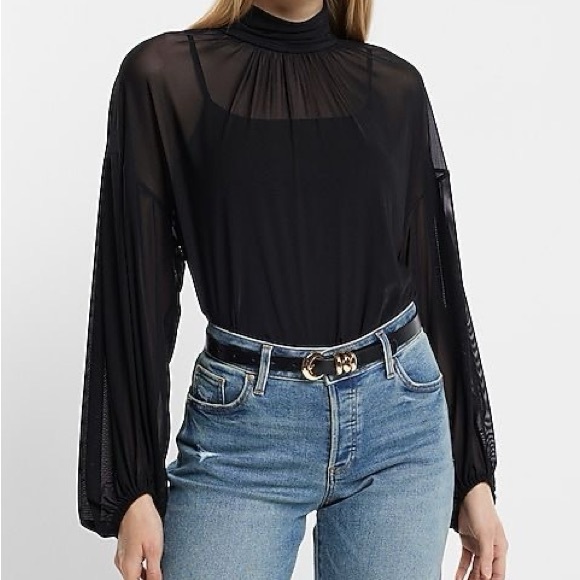 Express Tops - NWOT Express Mesh Gathered Mock Neck Blouson Sleeve Top